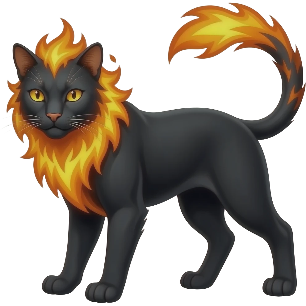 A sleek feline with a mane of living fire and golden eyes that glow in darkness. It is proud, fast, and fiercely territorial. emoji