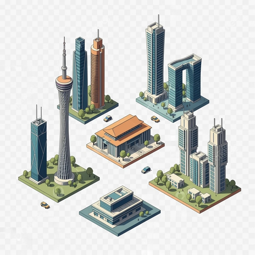 Isometric minimalistic illustration of mix Guangzhou, Shenzhen and Dongguan subtle 3D miniature effect and Tilt Shift effect, no cartoonish look, transparent background. emoji