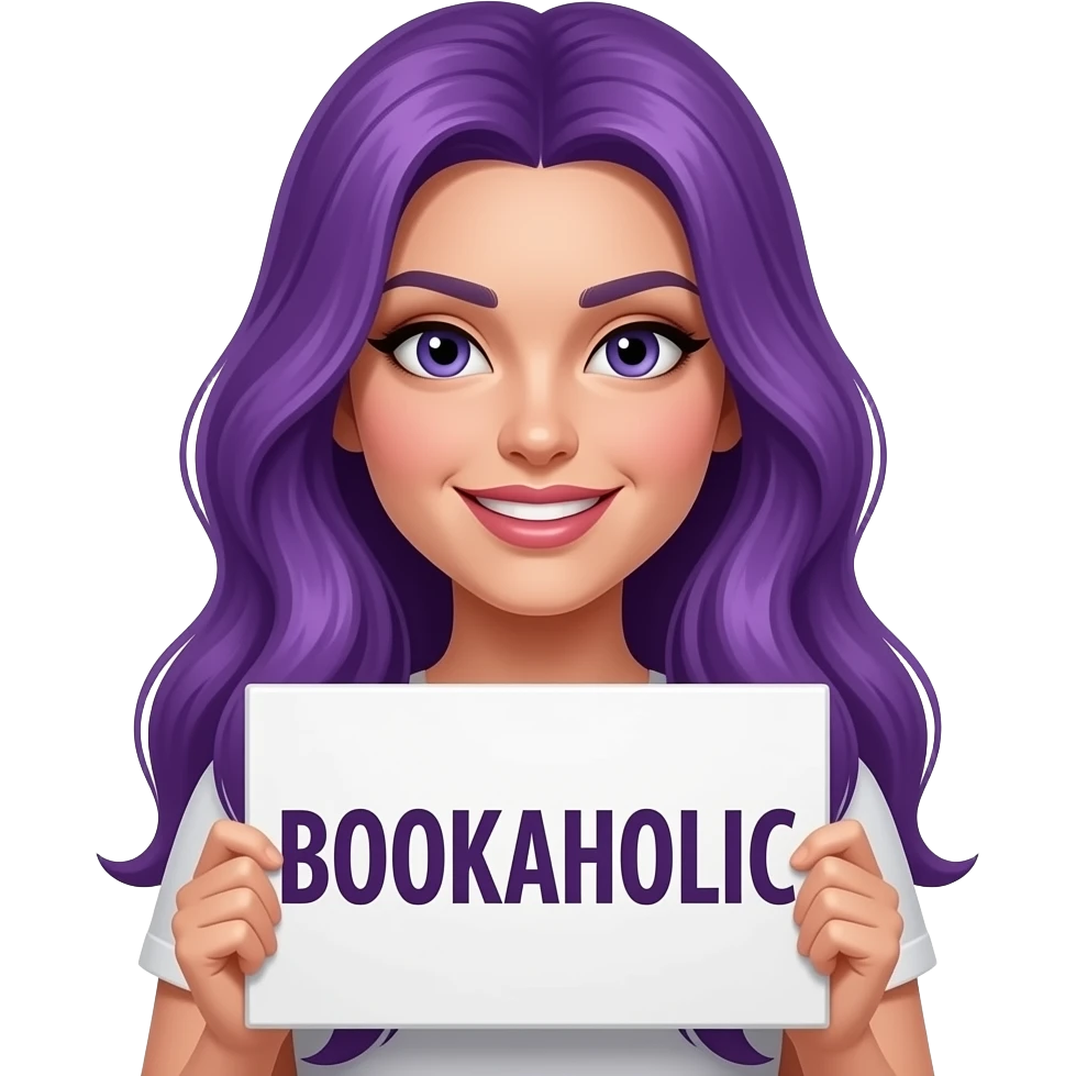 sexy girl with long purple hair holding a BOOKAHOLIC sign emoji