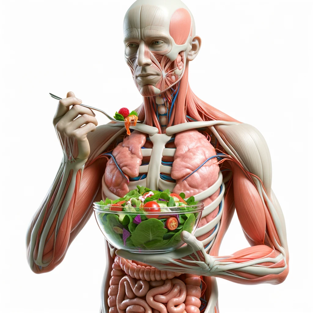corpo umano anatomico con intestino in evidenza mentre mangia un'insalata con espressione neutra in volto, iperrealistico 4k, isolato su sfondo bianco emoji