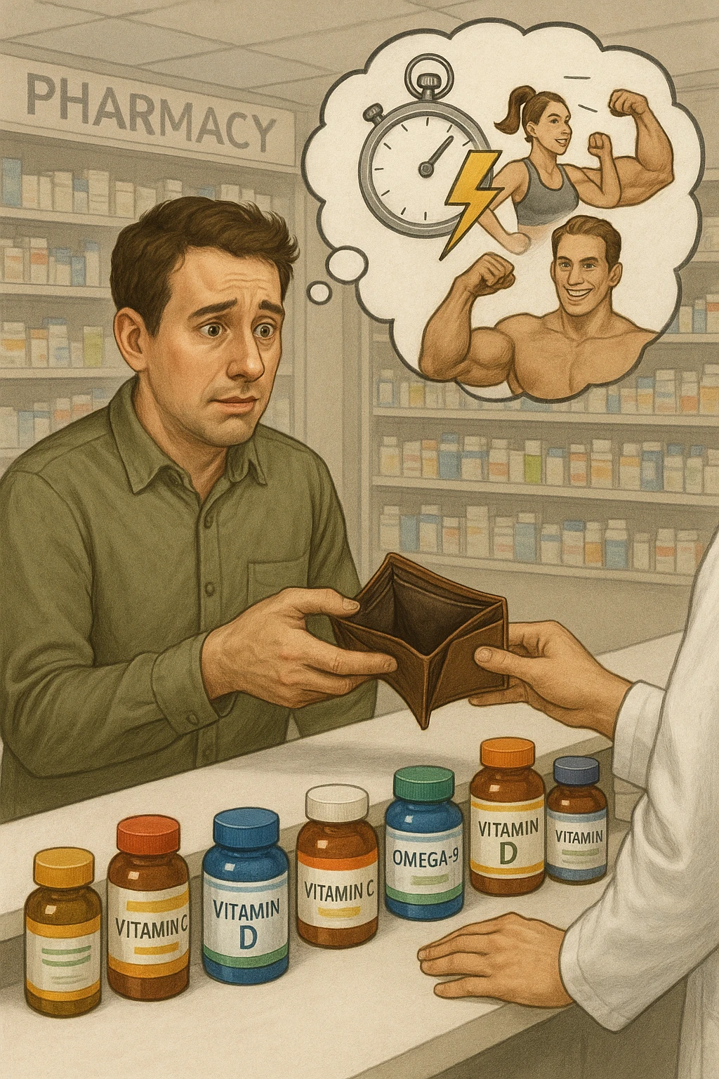 a man stands at a pharmacy counter, handing over a nearly empty wallet to the cashier while the counter is filled with bottles of supplements and vitamins. His expression is hopeful but slightly anxious. In the background, a thought bubble shows exaggerated images of instant health and fitness, symbolizing unrealistic expectations.  emoji