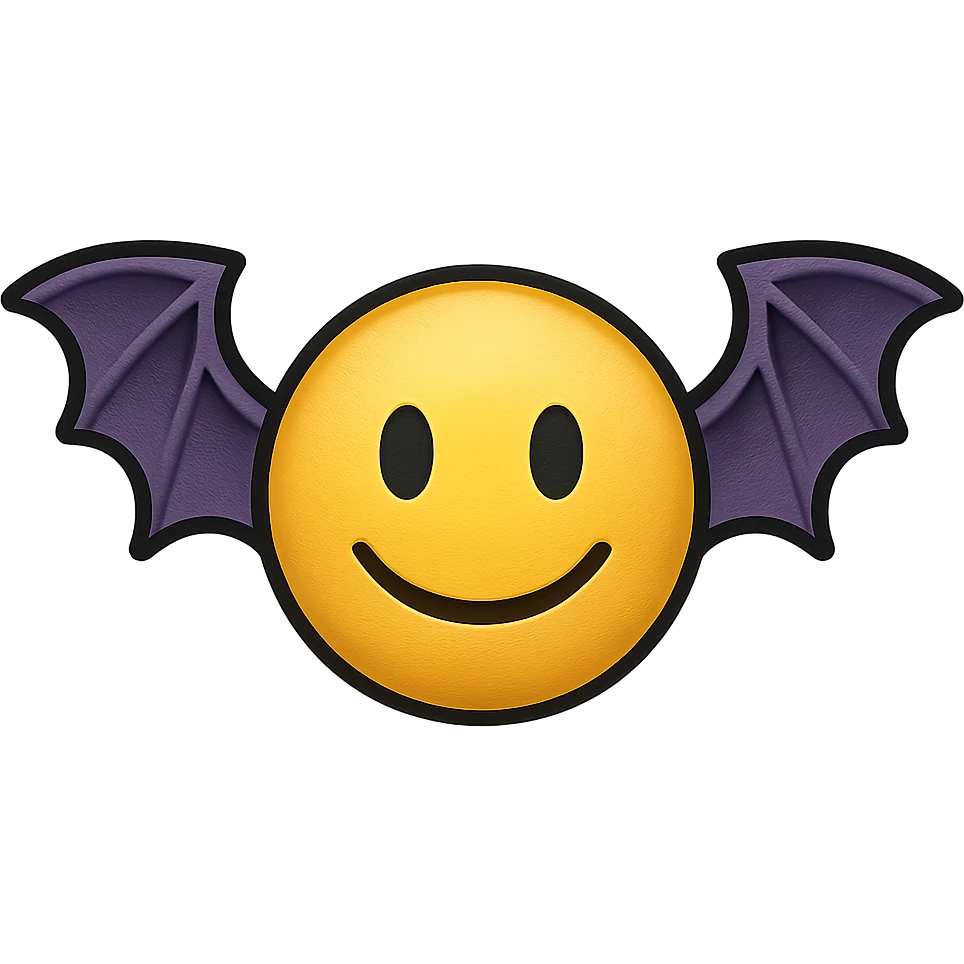 yellow face with purple bat wings, digital illustration emoji