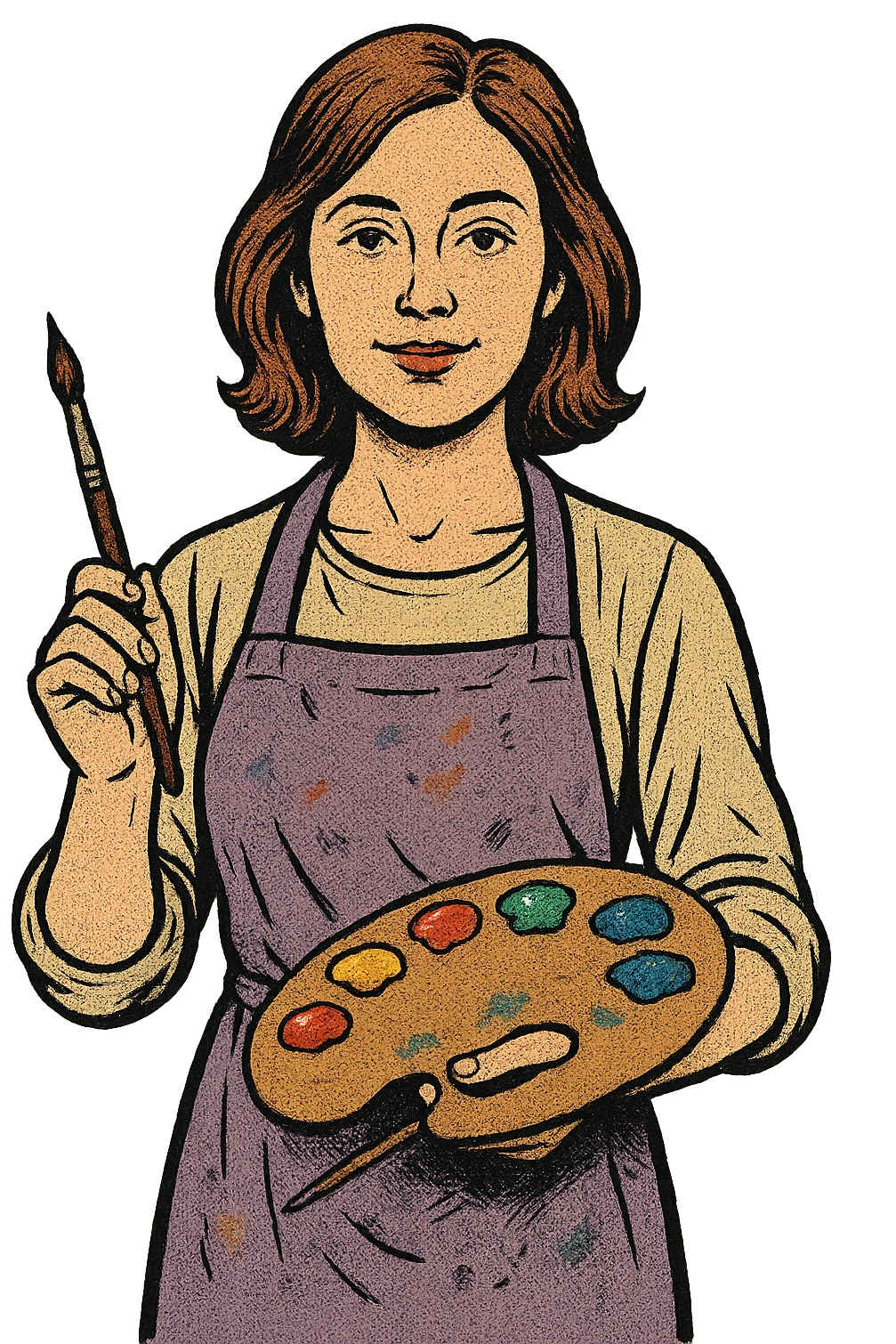 Serene female oil painter, Caucasian features, shoulder-length auburn hair, soft brown eyes, gentle smile, wearing a violet painter’s apron lightly stained with paint over a beige blouse, holding a wooden palette with vibrant colors in one hand and a brush in the other, waist-up, front-facing emoji