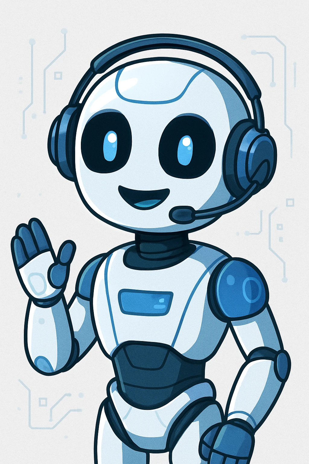 AI agent as a robot with a headset, approachable, blue and white color scheme, tech-inspired emoji