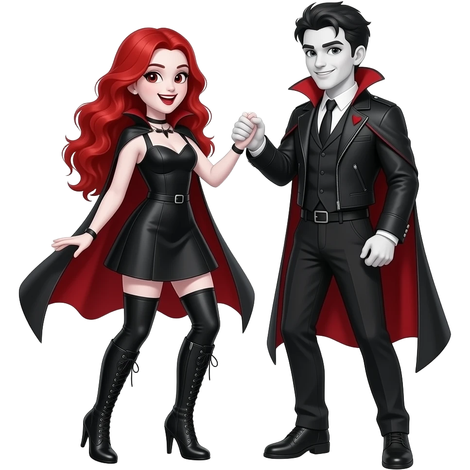 Vampiro femmina ADOLESCENTE con pelle bianca e capelli rosso ondulati lunghi che indossa un vestito corto nero e degli stivali lunghi neri con tacco e balla che balla con il suo fidanzato FIDANZATO con la pelle bianca e sono felici emoji
