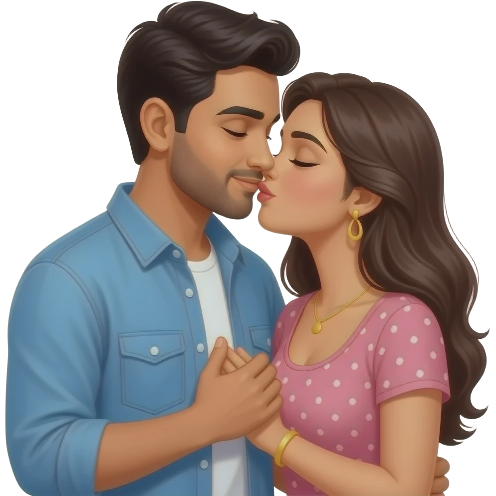 Wife kissing husband lovingly on his forehead Indian couple modern casual dress. Husband hand on wife chest. Lady low neck, husband no beard no moustache emoji