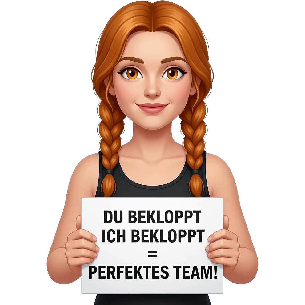 sexy girl with long ginger braids and ginger eyes wearing a black tanktop and is holding a white sign with DU BEKLOPPT ICH BEKLOPPT = PERFEKTES TEAM! written on it emoji