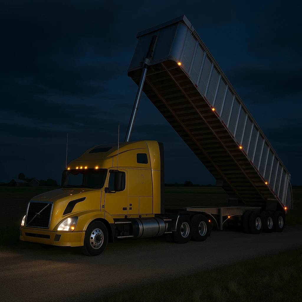 photorealistic Volvo yellow semi sleeper truck with a long silver end dump trailer, trailer raised in dumping position, side view, night setting, parked in a realistic country landscape with open fields and distant barns emoji