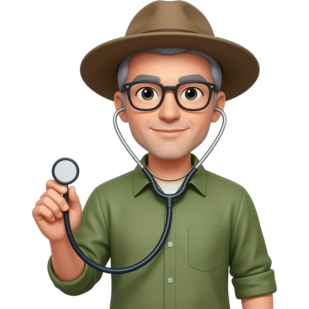 olive green long sleeved shirt grey hair clean shaven glasses wide brimmed hat holding stethoscope left handed outdoors emoji