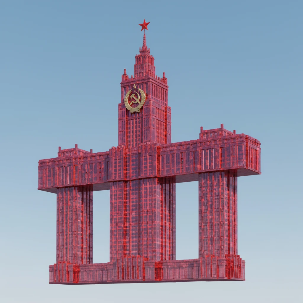 Небоскреб с советской символикой, красное прозрачное стекло. Два высоких небоскреба в его основании, стоят далеко друг от друга. На них лежит огромный горизонтальный небоскреб, очень длинный в обе стороны.

Фотореализм. Абсолютно прозрачный фон emoji