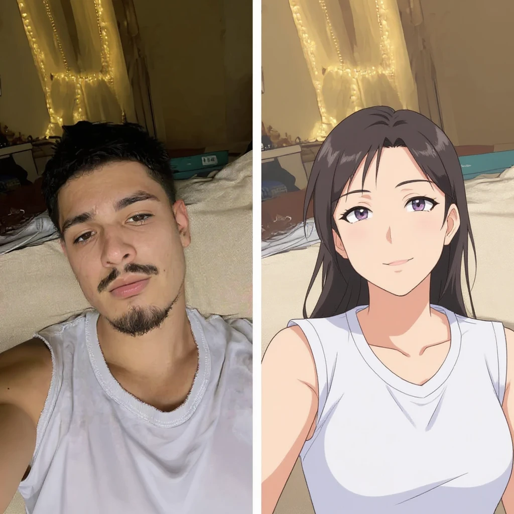 create before after image of a girl before is realsitic photo, after is anime version of her in same pose and clothes, add logo with text of a "FLUX Kontext Pro" emoji