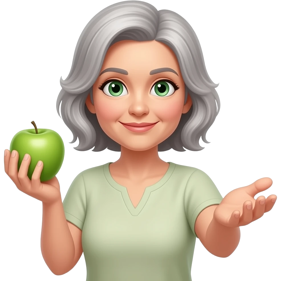 Lady around 45  with Green eyes beautiful grey hair and with Green apple and sending love emoji