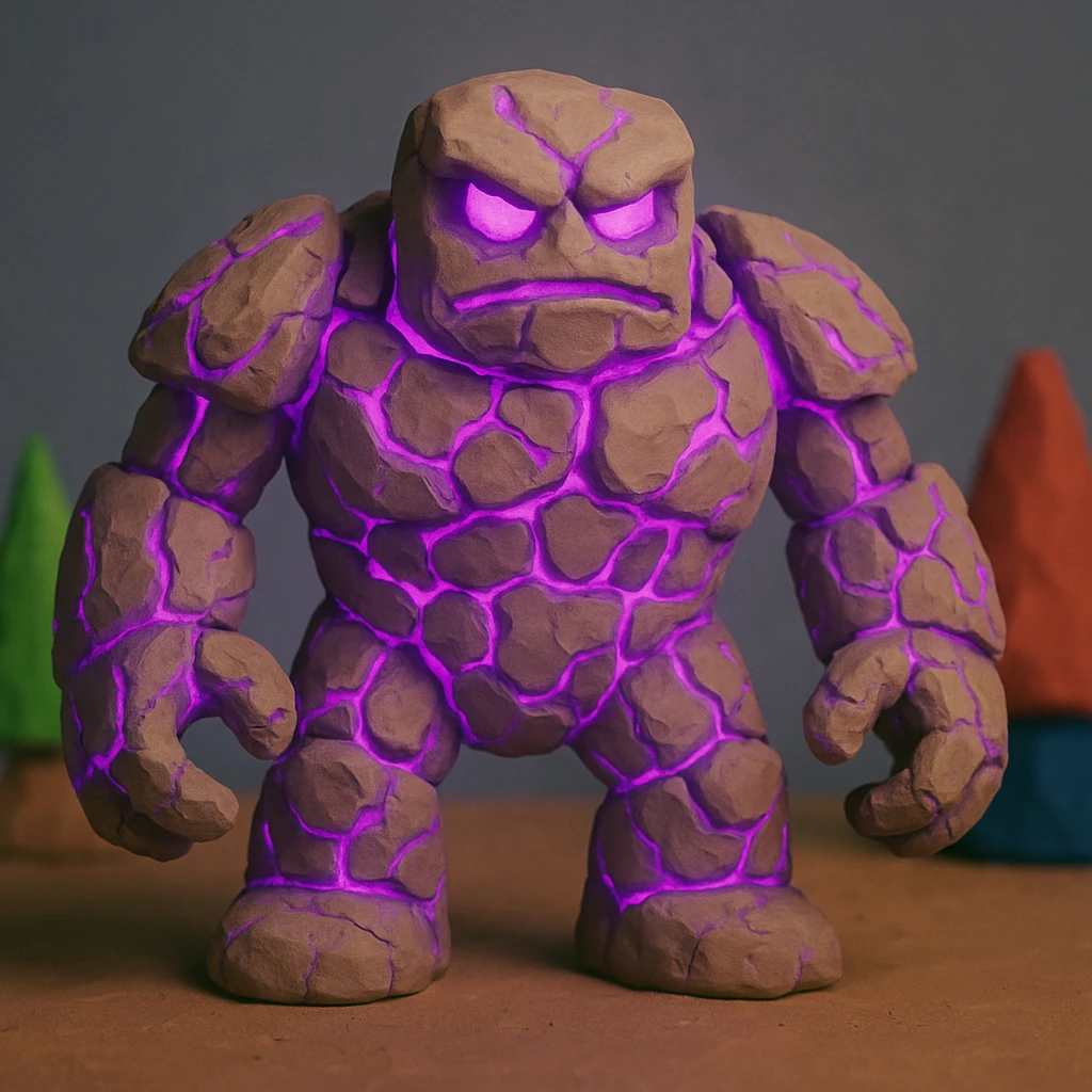 Make this golem inspired by the Clash Royale golem, but not an exact copy. Give it a rocky, hulking body, glowing purple cracks, and a fantasy vibe. Keep the claymation style. emoji
