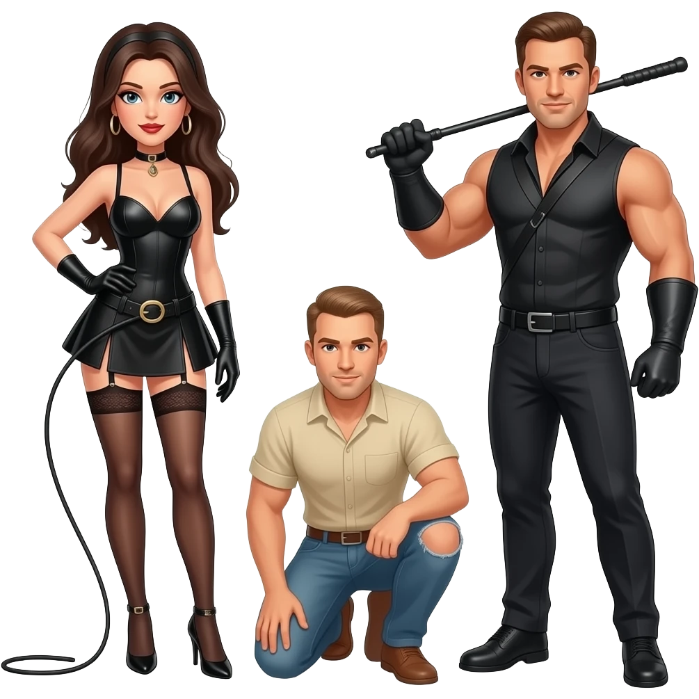 Una dominatrice con la frusta, un dominatore con una frusta, e un uomo inginocchiato emoji