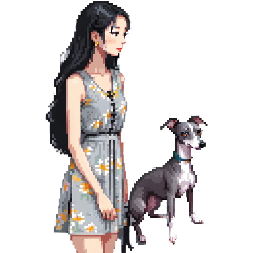 Slim Chinese woman with long black hair in a cute summer outfit with her completely solid grey Italian greyhound looking out a window on a sunny day, the dog has absolutely no white markings anywhere emoji