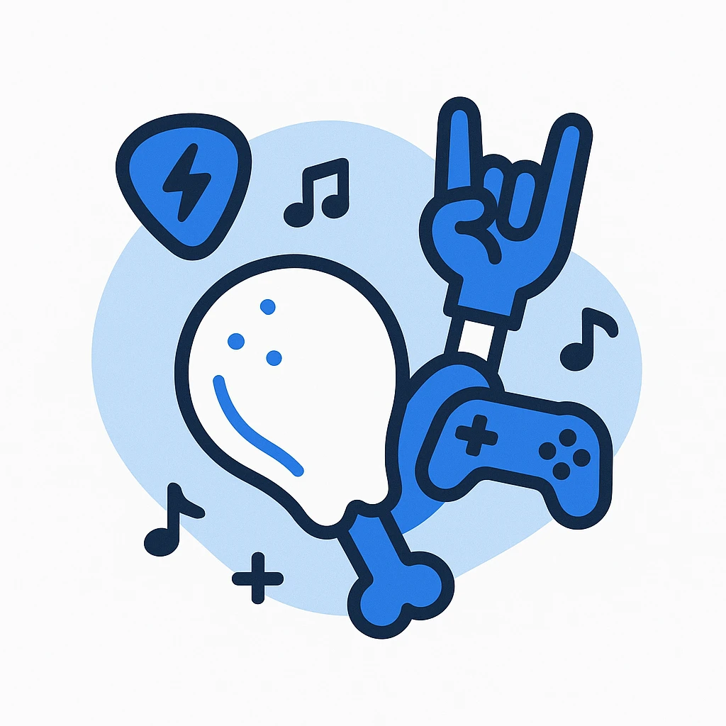 blue fried chicken with rock music and gaming elements combined, dynamic and lively style emoji
