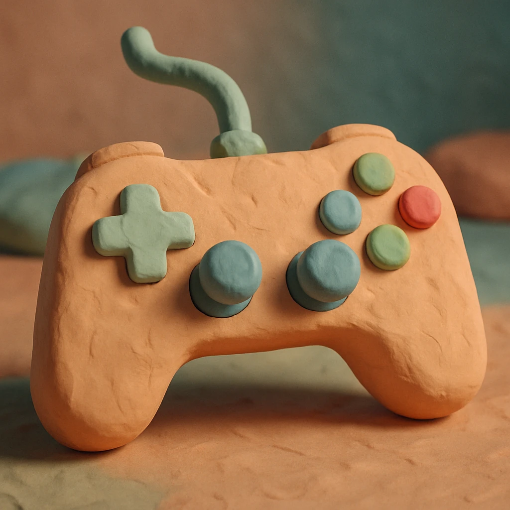 game controller, claymation animated icon style, soft pastel colors, visible fingerprints, playful look emoji