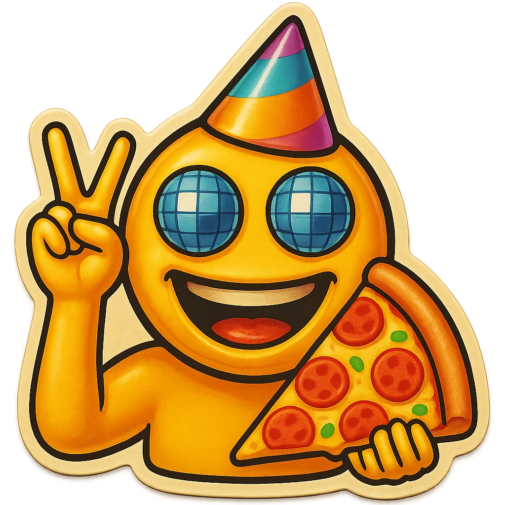 Make the left hand clearly form a finger gun gesture, while keeping the rest of the emoji the same: laughing face with disco ball eyes, tilted party hat, and holding pizza in the other hand, with no background. emoji