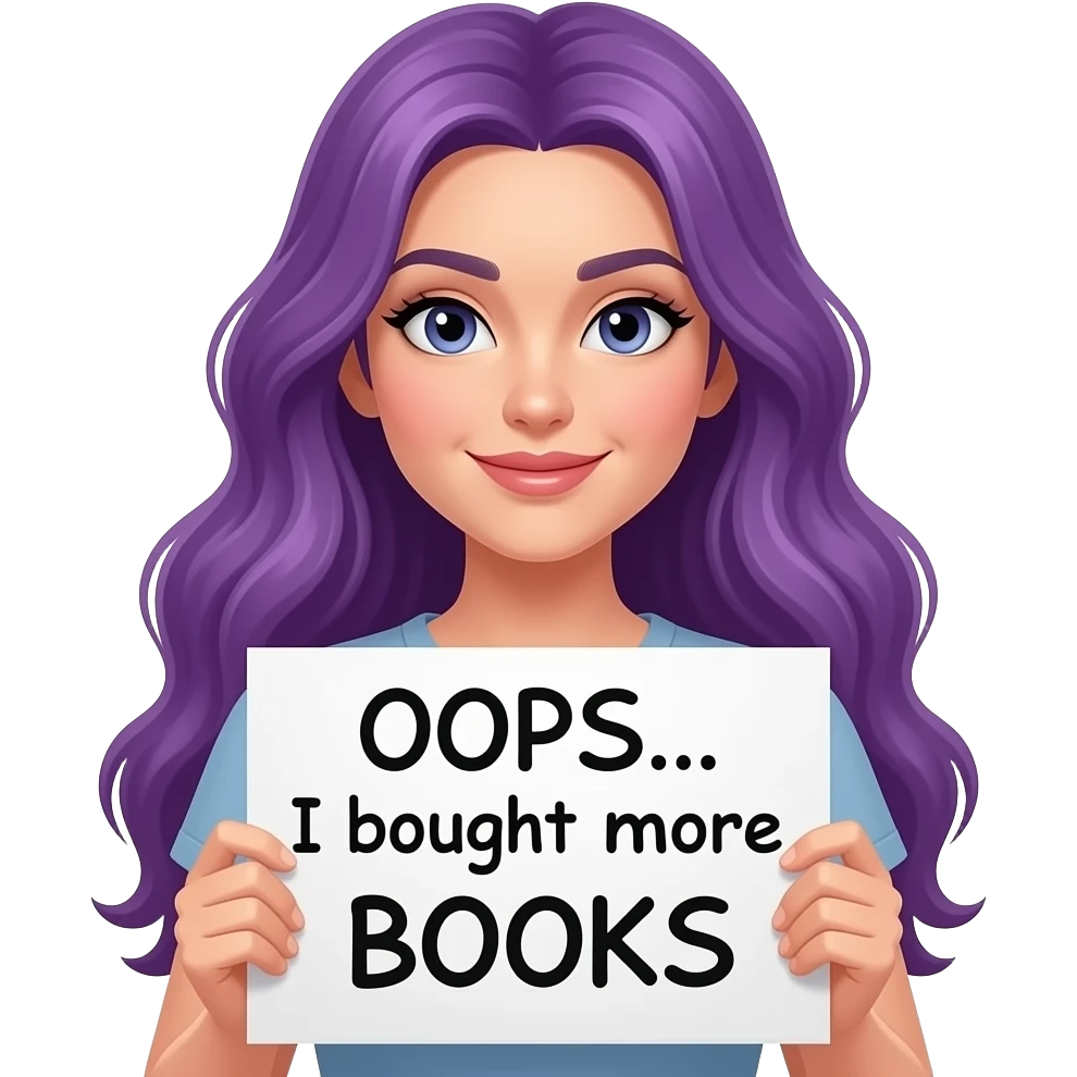 sexy girl with long purple hair holding a OOPS... I bought more BOOKS sign emoji