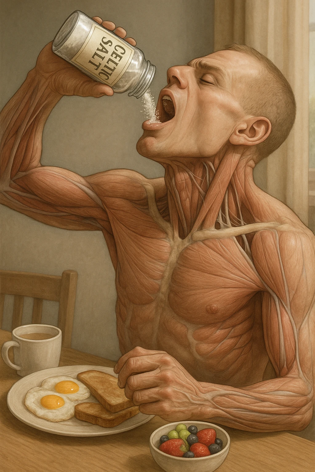 realistic medical illustration showing a human figure holding a jar labeled 'CELTIC SALT', pouring salt into his mouth with breakfast foods visible, detailed and accurate emoji