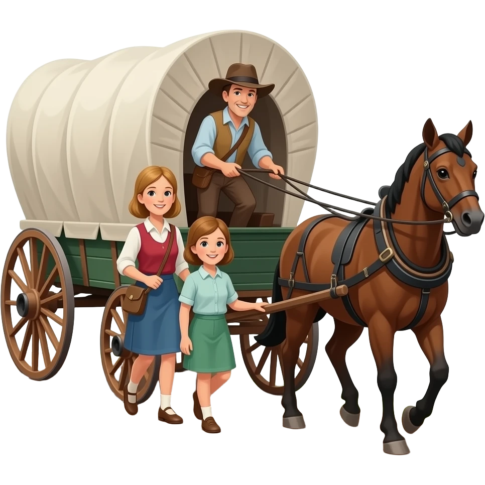 family pulling pioneer handcart on trail emoji