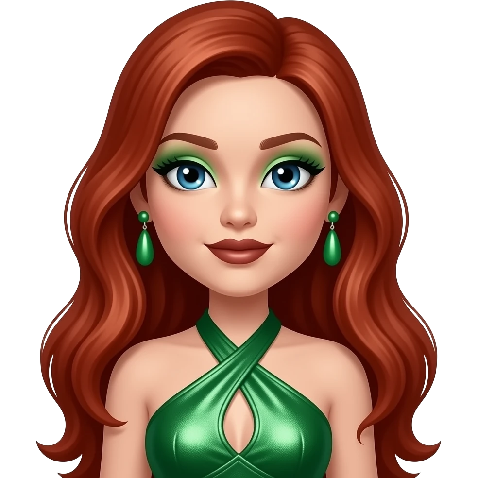 Meygan from Bratz with blue eyes, long red hair, green eyeshadow, dark brown lipstick, green metallic halter dress, green earrings emoji