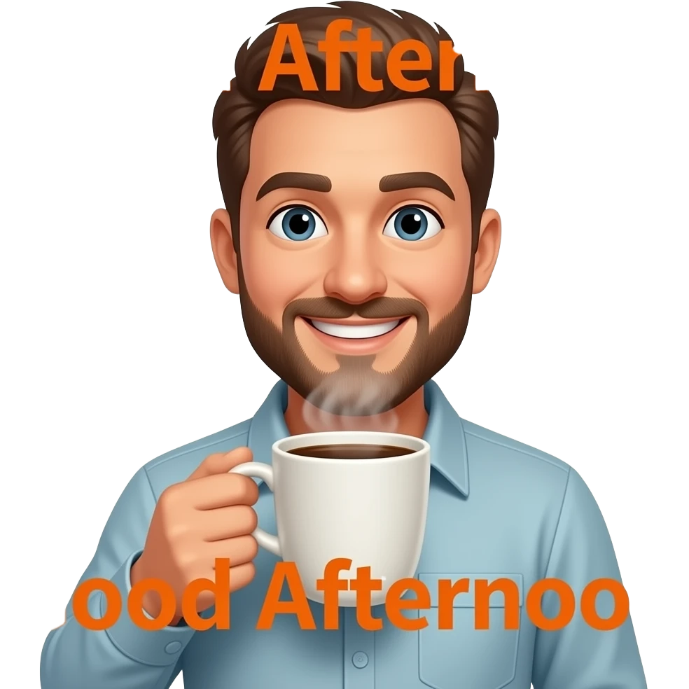 a stubbled face man smiling lifting a steaming cup of coffee close to the camera with the words 'Good Afternoon' in orange printed across the screen emoji