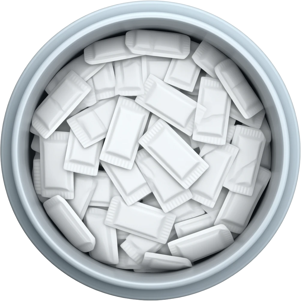 An open white snus container (small round plastic snus box, not a metal can), viewed from a slightly top-down angle. Inside are many small white nicotine pouches. The pouches are rectangular, soft, and slightly wrinkled, overlapping each other and stacked irregularly. emoji