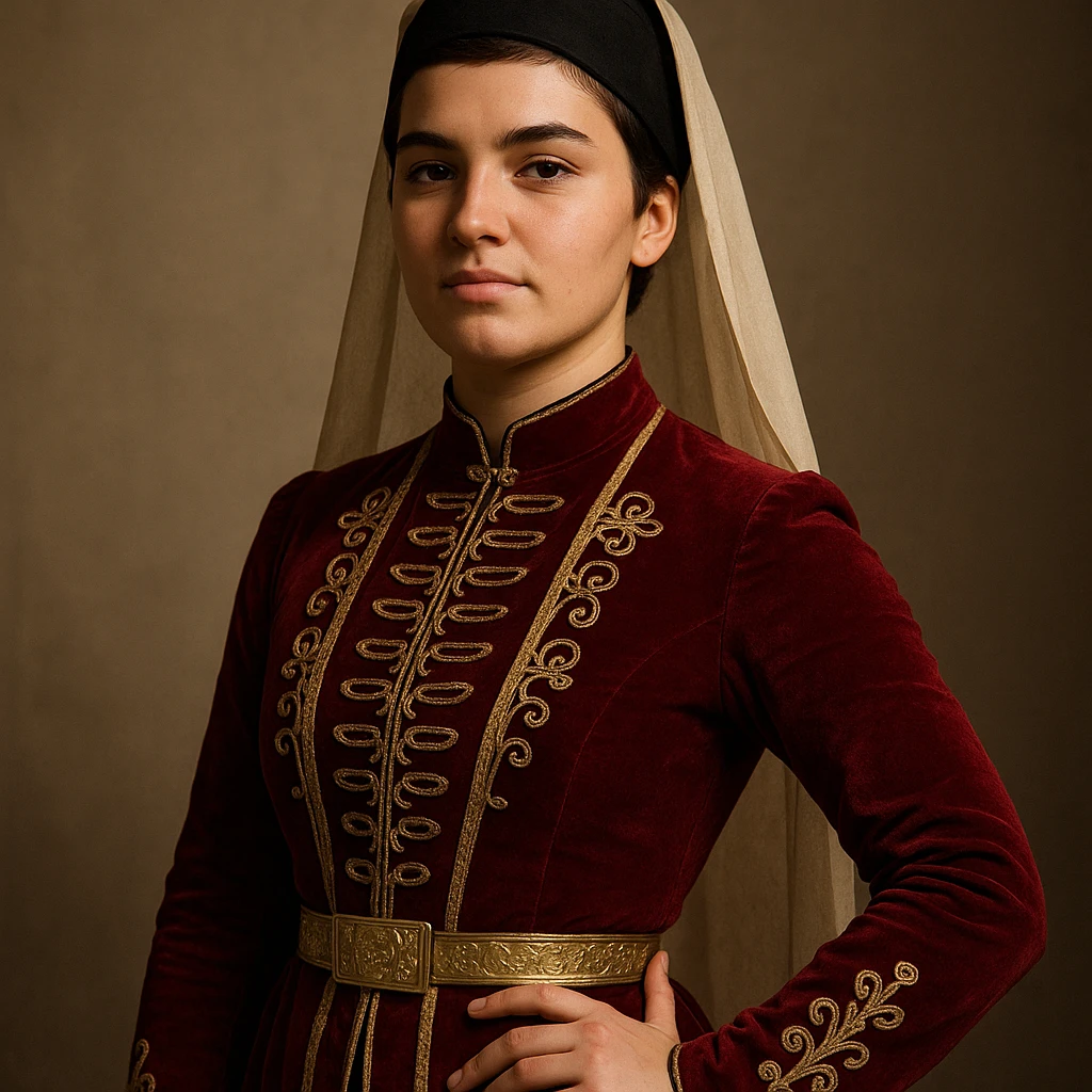 Chechen girl, 20 years old, short brown hair, in a classic Chechen outfit, confident and proud emoji