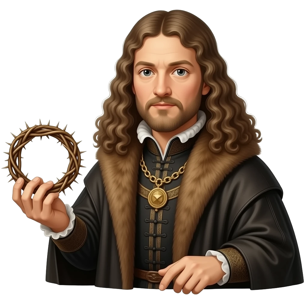 cinematic - en face penetrating balanced Albrecht Dürer Renaissance self-portrait with long curly hair in a cloak with a fur collar, in Renaissance dress, holding a crown of thorns with his left hand emoji