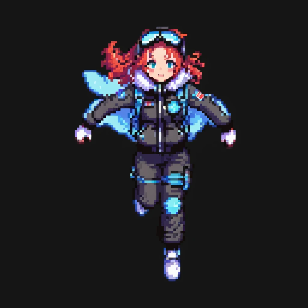 1 female, a vtuber in a cryo suit with a flight jacket, walk run jump anim sprite sheet emoji