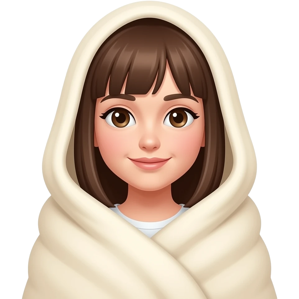white girl witht brown straight hair wrapped in a cream blanket emoji