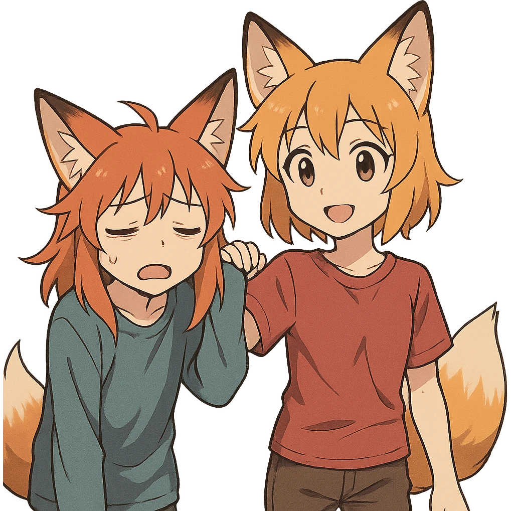 anime style fox character, tired, with a friend, duo pose emoji