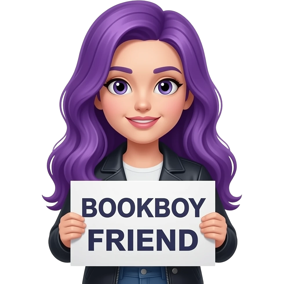 sexy girl with long purple hair holding a BOOKBOY FRIEND sign emoji