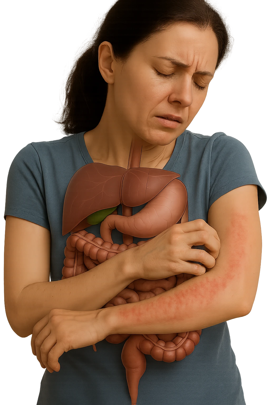 donna con intestino umano anatomico realistico che si gratta il braccio su cui ha un'eritema, iperrealistica 4k emoji
