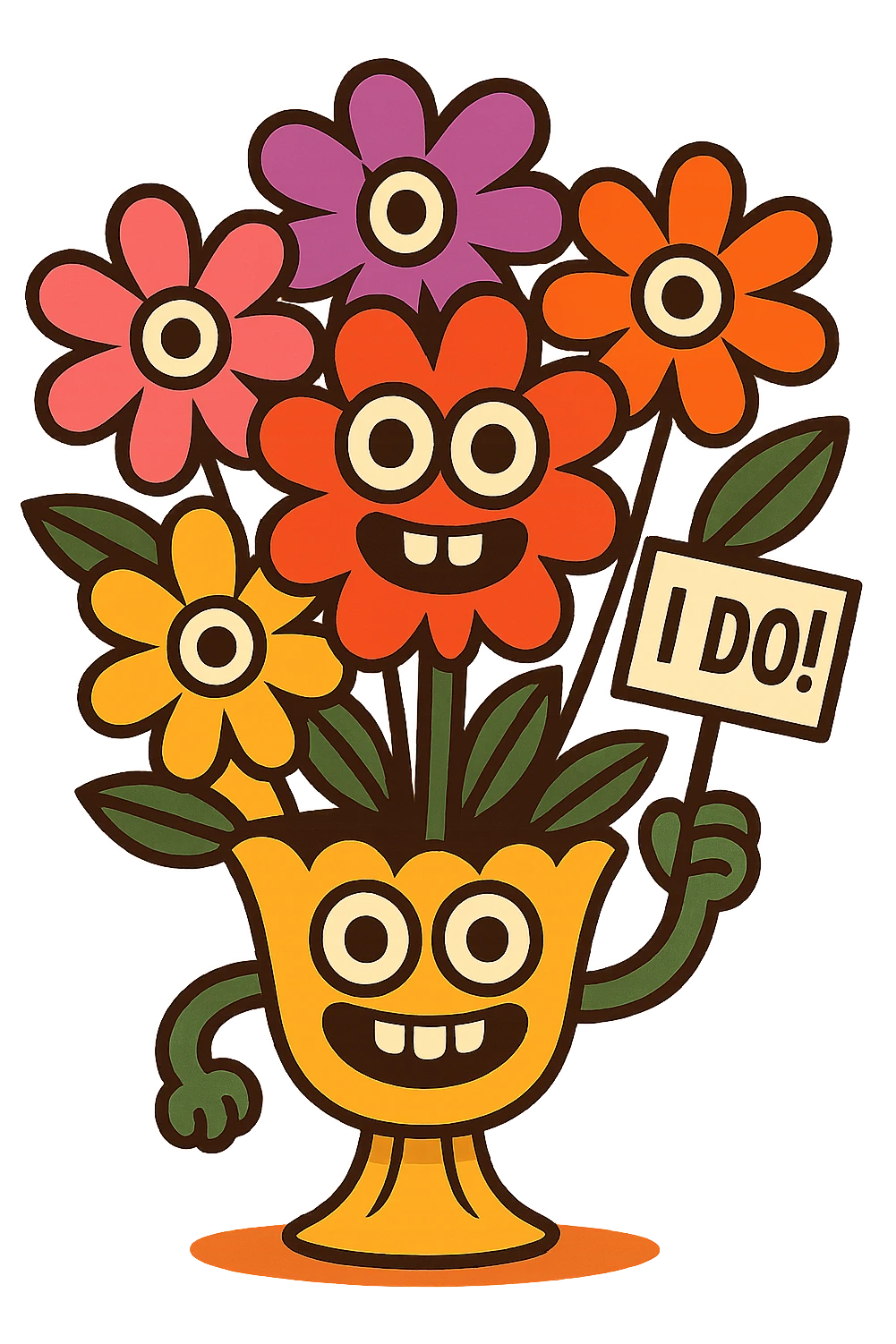 bouquet of flowers with googly eyes and a big grin, holding a tiny sign that says 'I do!', cute and funny for engagement stickers emoji