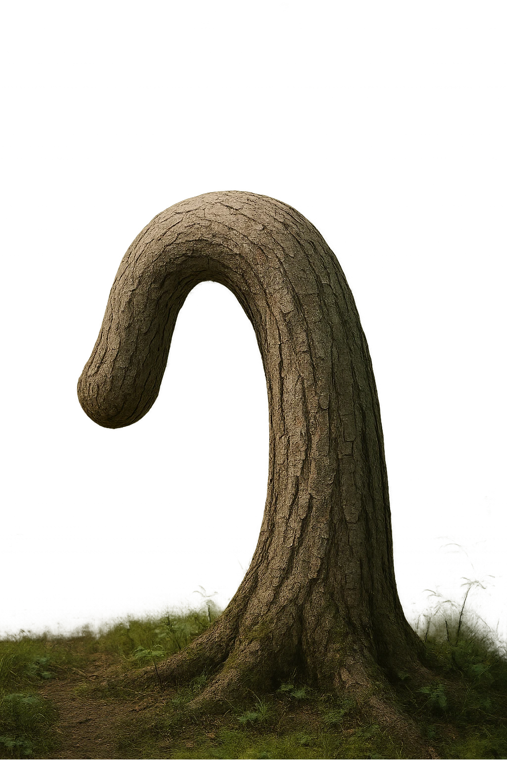 Realistic, vertical 4K illustration: a hyperrealistic tree trunk in a forest setting, noticeably bent, drooping, or wilted instead of standing upright. The bark is textured and detailed, with subtle cracks and faded colors suggesting loss of vitality. Soft, natural light filters through the surrounding trees, casting gentle shadows. The scene is quiet and contemplative, with the trunk’s unusual, slumped posture symbolizing a decline in male libido. The background is lush and detailed, but the focus remains on the central, softened trunk, evoking a sense of vulnerability and introspection. emoji