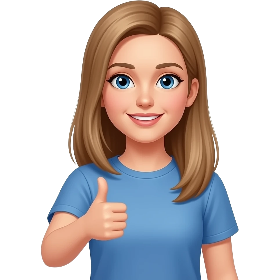 Make a female emoji giving a thumbs up with long straight light colored brown hair and blue eyes. Wearing a blue short sleeve T shirt as well emoji