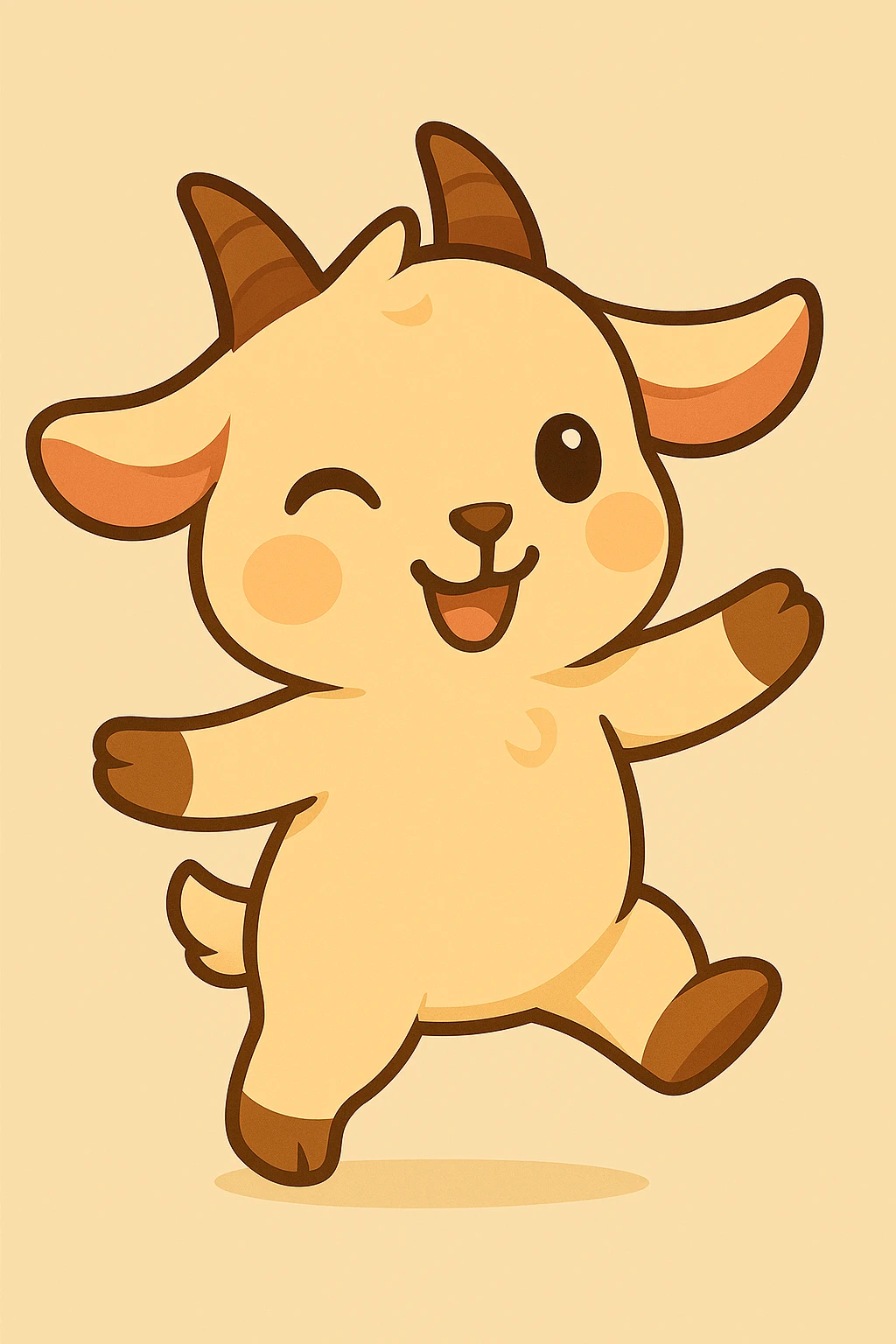 Chibi goat, winking and dancing, right leg up, left arm up, joyful expression, animation frame 2, same style and background as reference. emoji