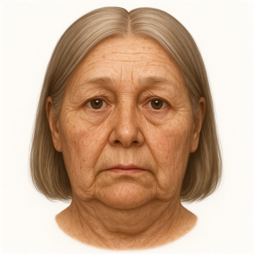 realistic woman emoji with facial sagging, detailed skin showing sagging on cheeks and double chin, white background emoji