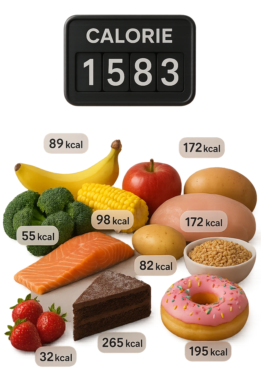 a digital calorie counter hovers above a variety of foods arranged on a table—fruits, vegetables, grains, meats, and desserts. Each food has a floating label showing its calorie content. The background is clean and modern, emphasizing the educational aspect of calorie awareness. scritto in italiano emoji