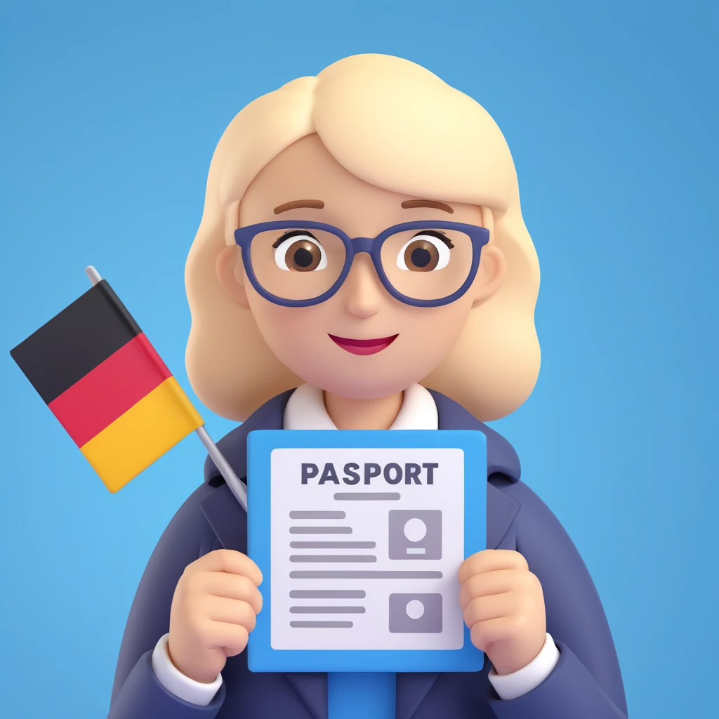 Add a background with the German flag. The universal character holds a passport or permanent residence document in hands. Maintain the 3D style. The character is neutral, friendly, and official. emoji