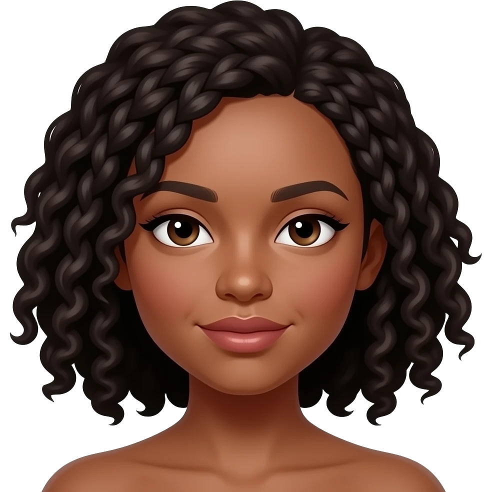 Dark-skinned young woman with smooth skin, full lips, almond-shaped eyes, slightly hooded eyelids, defined natural brows, small rounded nose, soft cheek structure, oval-round face, neat small braids with curly ends framing the face. emoji