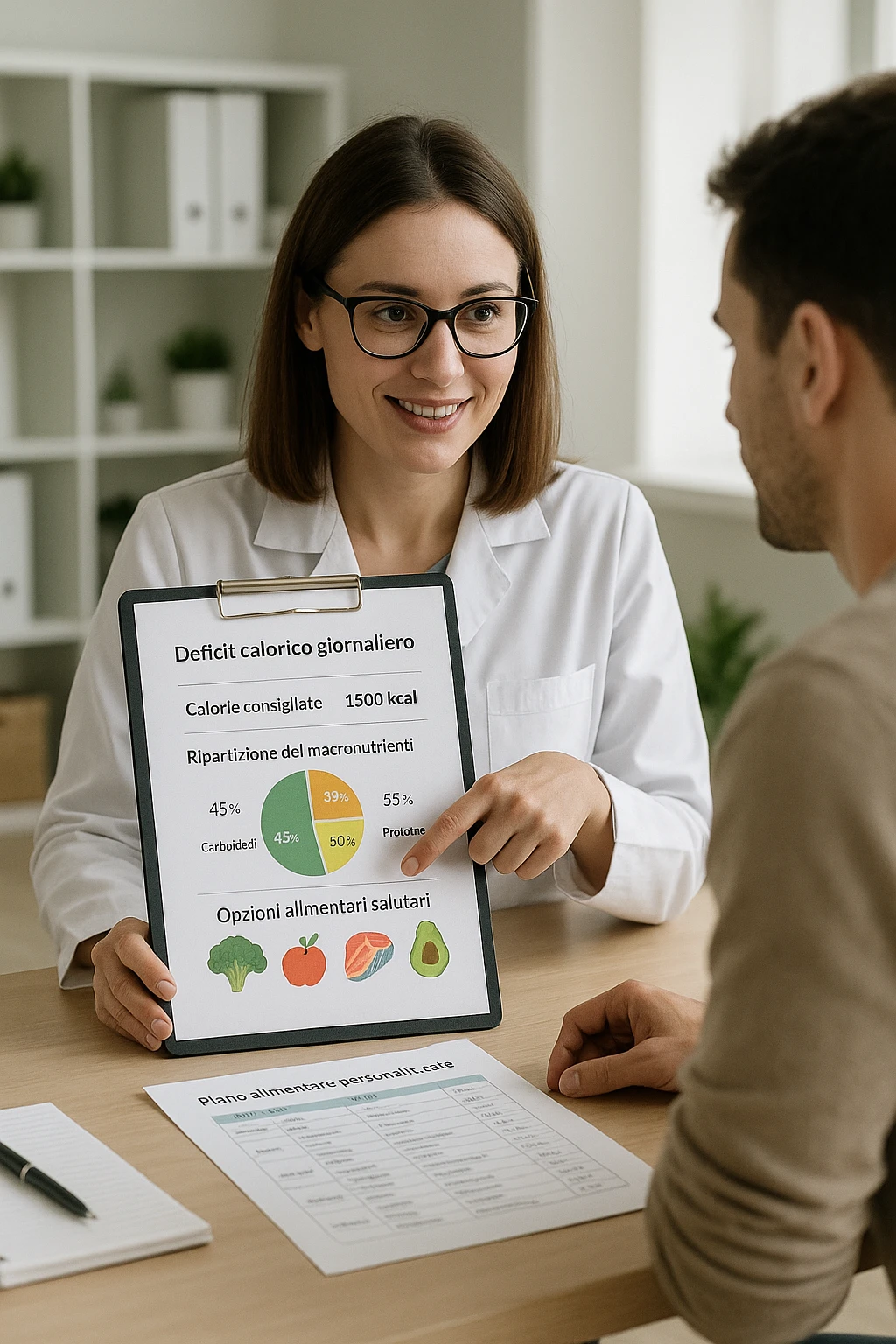 a nutritionist sits at a desk with a client, showing a personalized meal plan and a chart that clearly displays the client’s specific daily caloric deficit. The nutritionist points to the chart, which includes recommended calories, macronutrient breakdown, and healthy food options. The mood is professional, supportive, and educational. scritte in italiano emoji