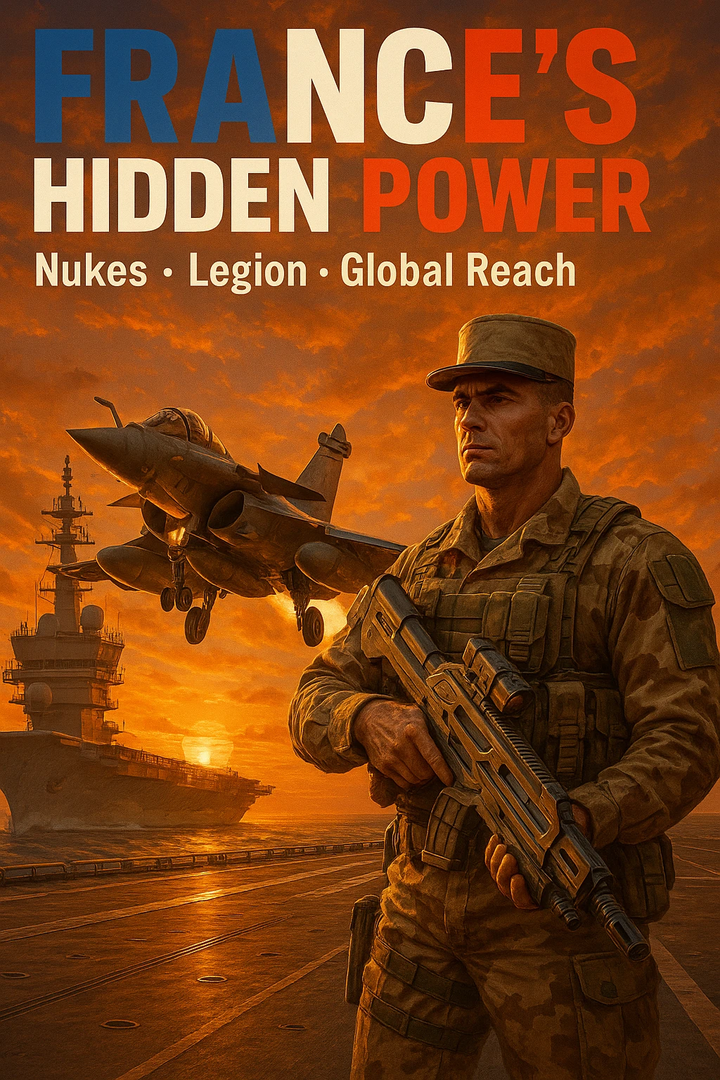 Epic sunset scene of a Rafale fighter jet taking off from a carrier with an orange sky. Foreground features a French Foreign Legionnaire in desert camouflage with a sci-fi rifle. Bold French flag-colored headline: 'FRANCE’S HIDDEN POWER'. Subtext: 'Nukes • Legion • Global Reach'. 8K, dramatic lighting. emoji