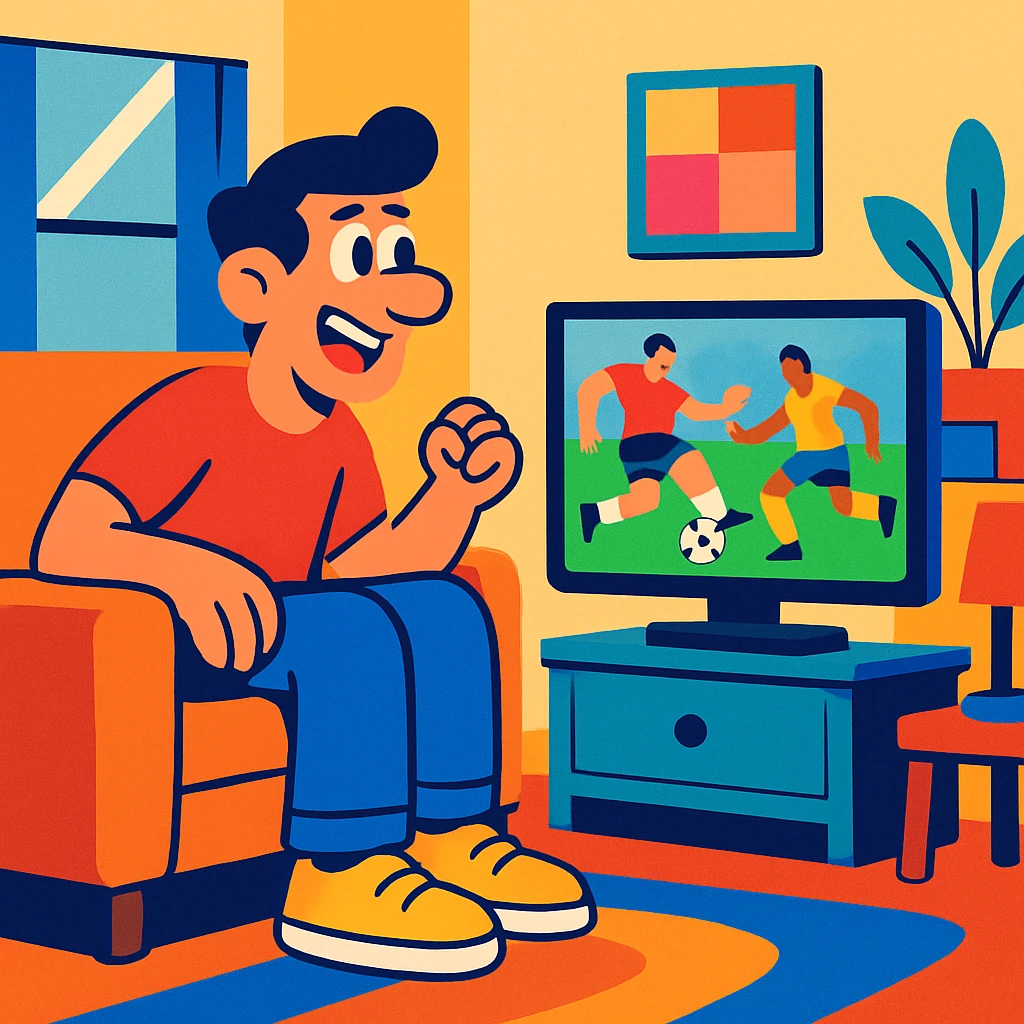 person watching sports on TV in a living room scene with vibrant colors emoji