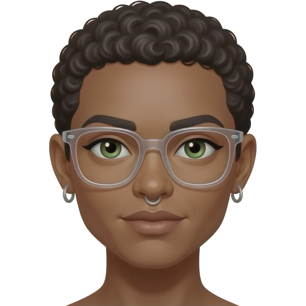 De ella solo se muestra la cara. Nada de cuello ni cuerpo. Es de pjiel morena y de estilo 3d. Tiene dos aritos en ambas orejas. Tiene un piercing en la nariz. Tiene lentes tranparentes. Tiene ojos verdes. Tiene pelo corto tipo rulos. Es de aspecto más bien resalista. emoji