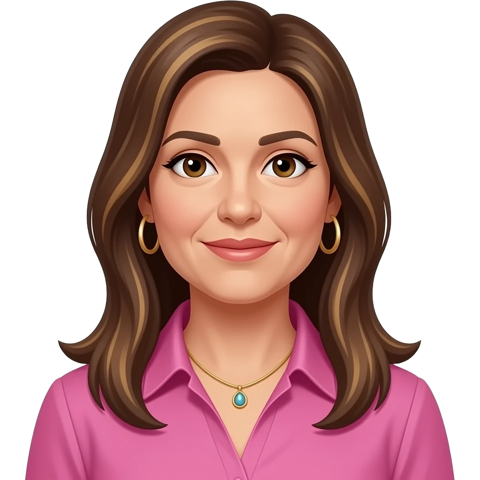 woman in 40s with brown long straight highlighed hair pink formal shirt with collar, wearing hoop earrings and necklace, brown eyes, hoop earrings and necklace emoji
