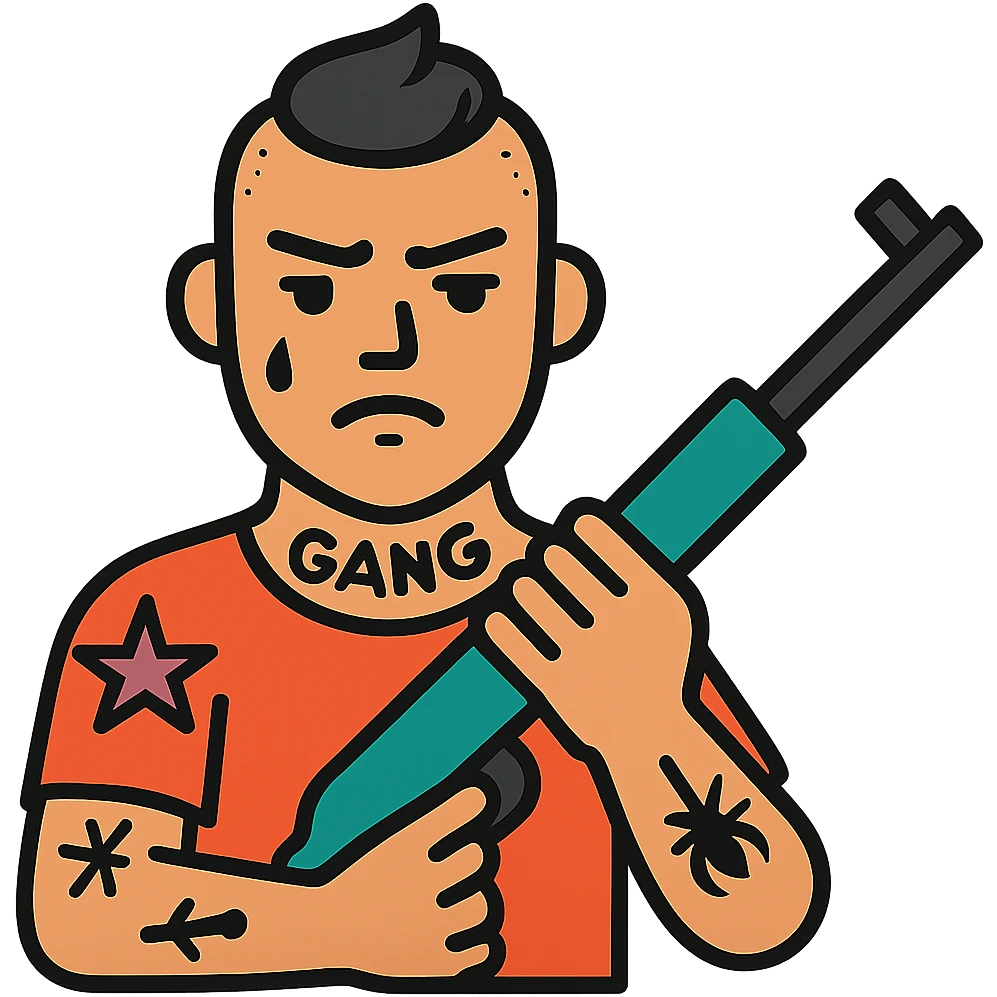 Make the person look like a gang member with visible tattoos and a tough expression, same color outline icon style, no background. emoji