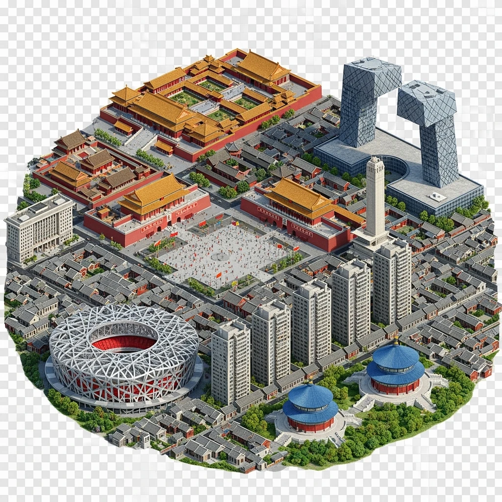 Isometric miniature of Beijing Forbidden City, Tiananmen Square, CCTV Headquarters, Temple of Heaven, Bird’s Nest Stadium and crowded hutong alleys, sprawling apartment blocks, 3D miniature effect and Tilt Shift effect, no cartoonish look, transparent background. emoji
